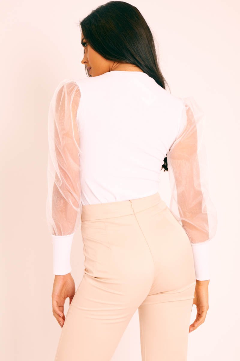 White Ribbed Mesh Full Sleeve Top