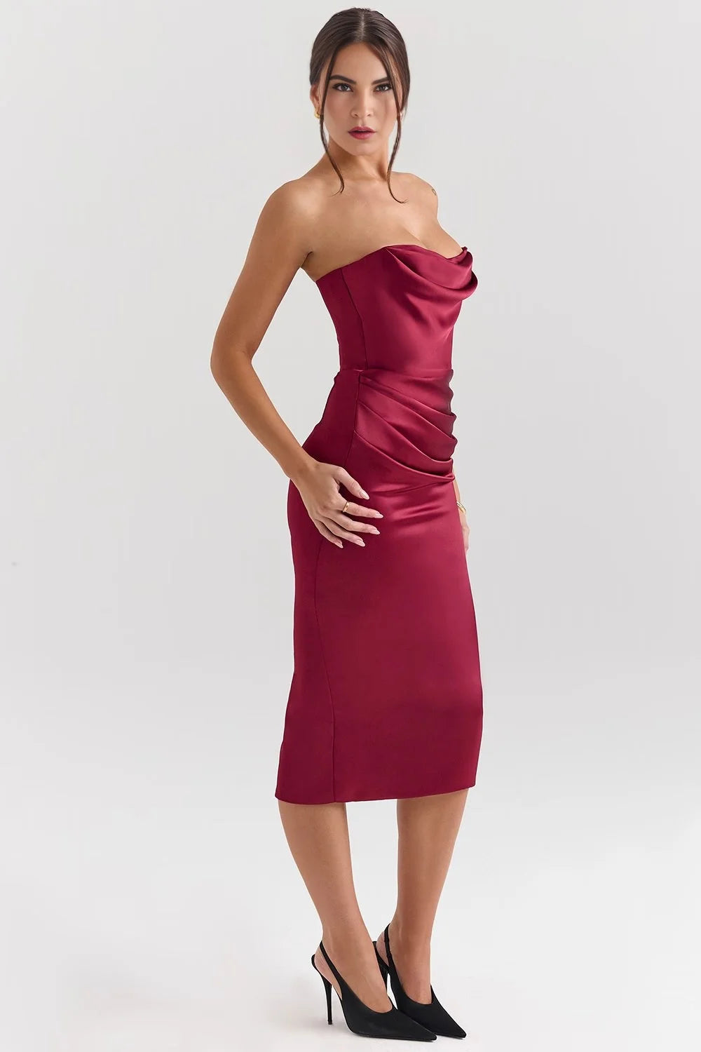 Satin Corset Berry Midi Dress