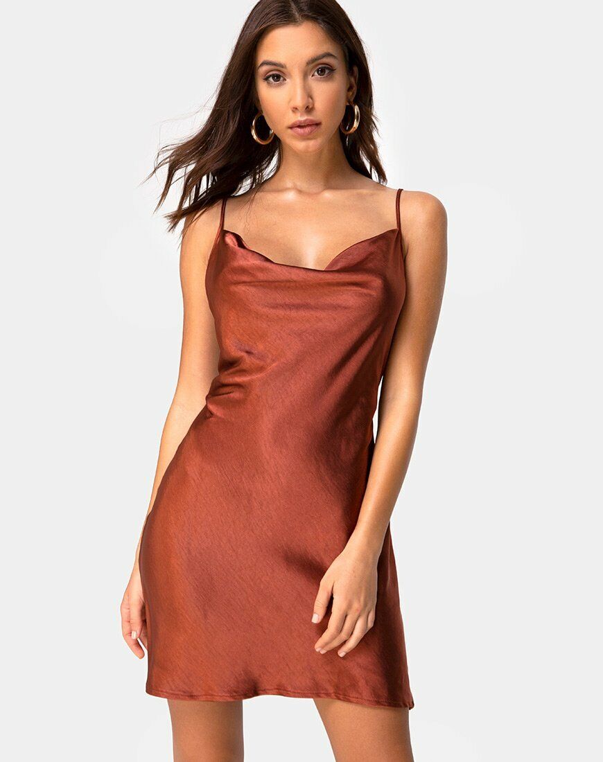 Rust Satin Cowl Neck Mini Dress