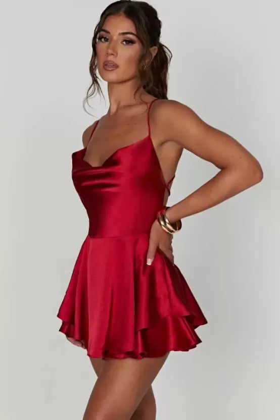 Crimson Satin Ruffle Mini Dress