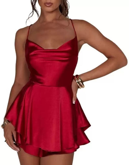 Crimson Satin Ruffle Mini Dress