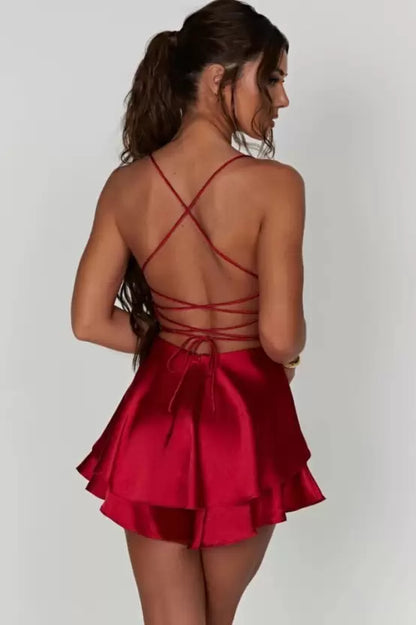 Crimson Satin Ruffle Mini Dress