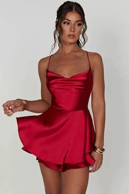 Crimson Satin Ruffle Mini Dress